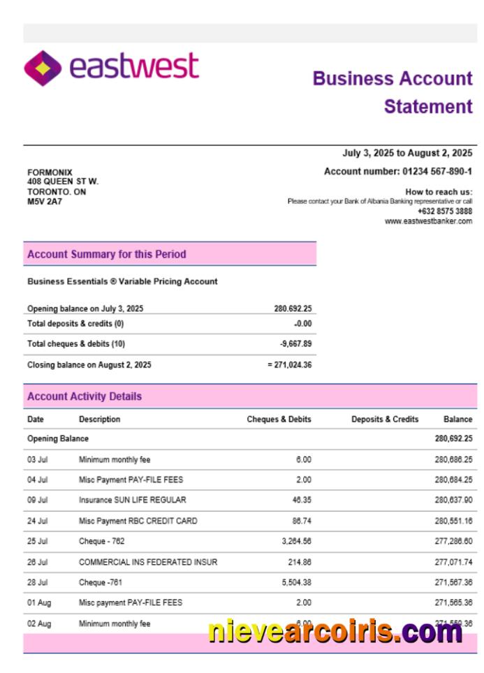EastWest business firm account statement Word snd PDF format